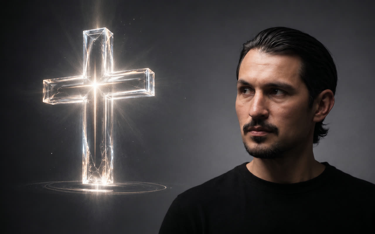 Jorge Torres Nilo frente a una cruz de luz