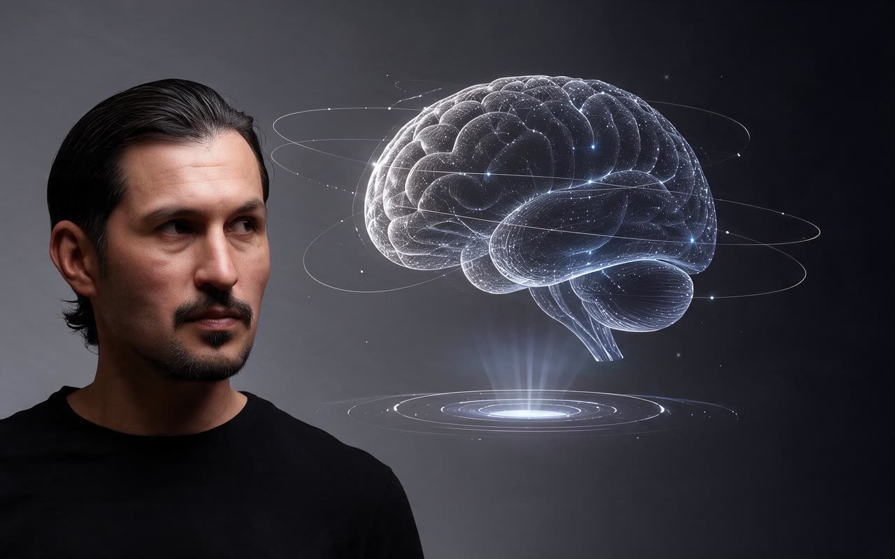 Jorge Torres Nilo frente a un cerebro de luz
